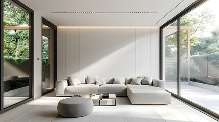 Modern minimalist living room with large windows, white sectional sofa, coffee table, and natural outdoor view, interior design mockup for customization