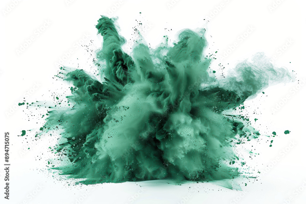 Wall mural explosive burst of green powder creating a dynamic cloud effect against a white background, perfect 