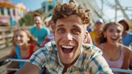 Obraz premium A young man with an excited expression enjoys a roller coaster ride at an amusement park, surrounded by friends, embodying the joy and thrill of the experience.