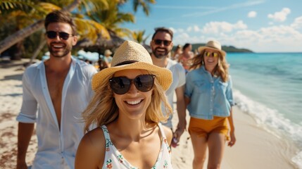 Fototapeta premium A group of friends, wearing summer clothes and sunglasses, enjoy a fun day at a tropical beach, embodying joy, friendship, and the relaxing atmosphere of a seaside escape.