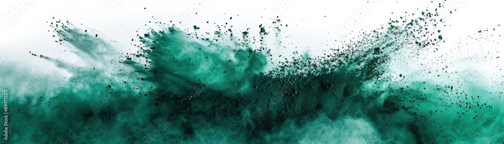 Wall mural vibrant green and black powder explosion creating a dynamic abstract pattern on a white background, 