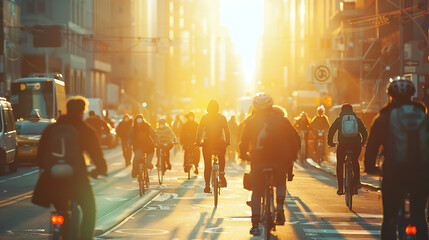 Urban Commuters Biking To School In Early Morning Light