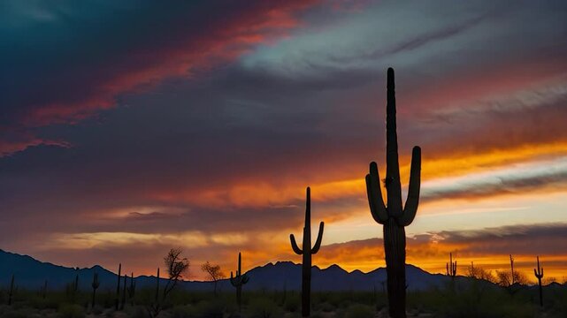 Silhouette of Saguaro Cacti Against a Dramatic Sunset Sky
