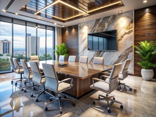 Fototapeta premium Modern conference room with sleek marble table, ergonomic chairs, and large screen displaying presentation slides, perfect for remote work productivity seminars.