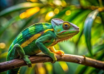 Obraz premium Vibrant green chameleon with yellow stripes perched on a weathered wooden branch, surrounded by lush green leaves and soft natural light filtering through.