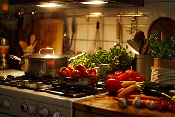 Fototapeta premium Home Kitchen with Fresh Vegetables and Steaming Pot