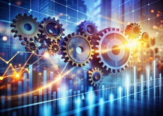 Obraz premium Abstract blurred background with gears, circuits, and graphs illustrating corporate strategy, innovation, and technological growth amidst fierce market competition and success.