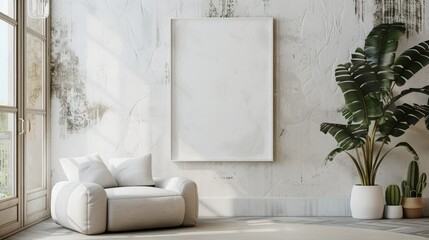 Chic living room setup featuring comfortable furniture and a blank canvas frame on a white textured wall
