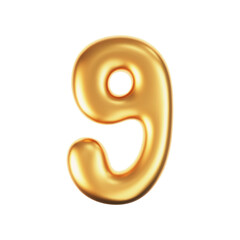 3d gold liquid number 9 in y2k style isolated on a white background. Render of 3d golden inflated figures with glossy effect. 3d vector y2k typography digit