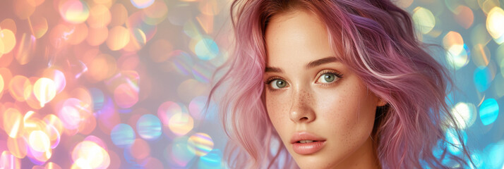 Portrait of a fashionable colorful, rainbow hair woman. Beautiful girl against a background of sparkling bokeh.