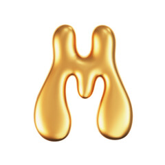 3d gold liquid letter M in y2k style isolated on a white background. Render of 3d golden inflated bubble alphabet with glossy effect. 3d vector y2k typography letter