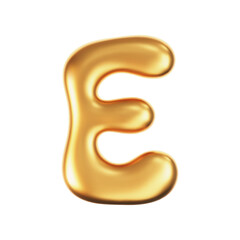 3d gold liquid letter E in y2k style isolated on a white background. Render of 3d golden inflated bubble alphabet with glossy effect. 3d vector y2k typography letter