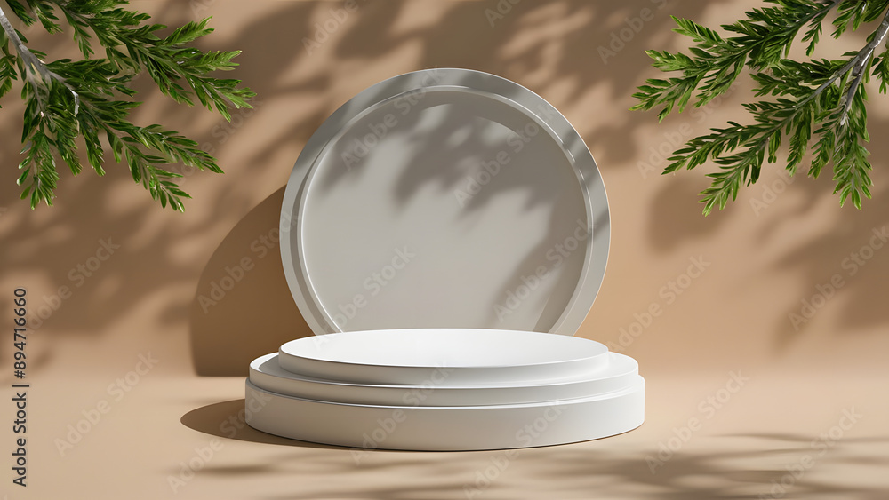 Poster white round podium for product presentation on a beige background with shadows of tree branches.