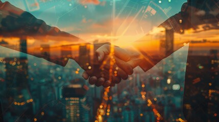 Fototapeta premium Corporate Connections: Handshake and Skyscrapers in Sunset Double Exposure