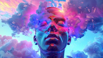 Lucid dreaming flat design front view surreal theme 3D render vivid