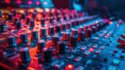 Obraz premium Vibrant close-up of a professional audio mixing console with colorful LED lights, perfect for music production, live sound, and recording studio themes.
