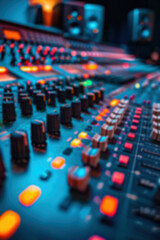 Fototapeta premium Close-up of a professional audio mixing console in a recording studio, showcasing colorful lights and numerous controls for sound engineering.