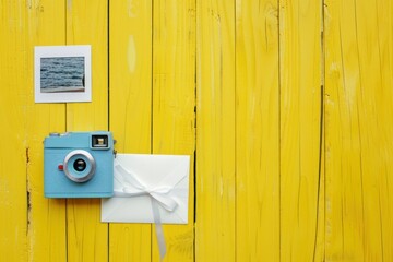 Blue Camera and a White Envelope on a Yellow Wooden Background