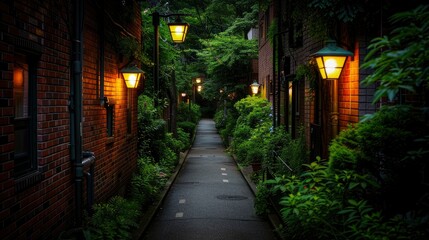 Fototapeta premium A Calm Street With An Empty Path At Night, Peaceful And Quiet