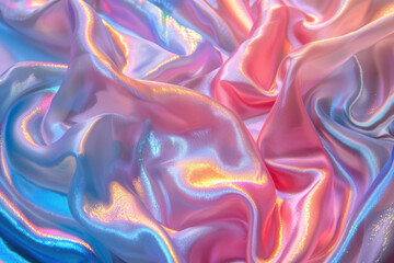 Obraz premium Soft, colorful silky fabric creating an abstract, elegant background with shimmering light reflections in shades of pink, blue, and purple.