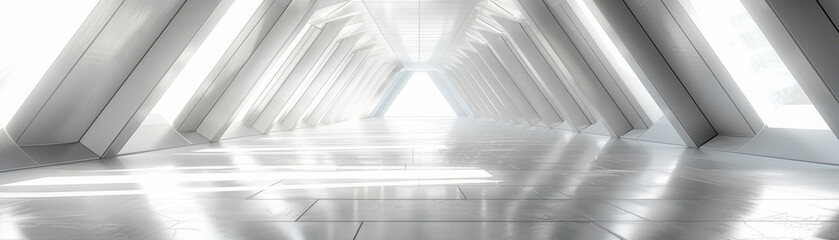 Obraz premium Futuristic bright corridor with geometric architecture, glowing white lights, and reflective surfaces, creating a modern and sleek atmosphere.