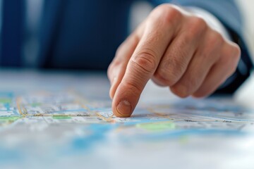 Close-up of a hand pointing at a map, focusing on navigation and planning for travel or strategic purposes.