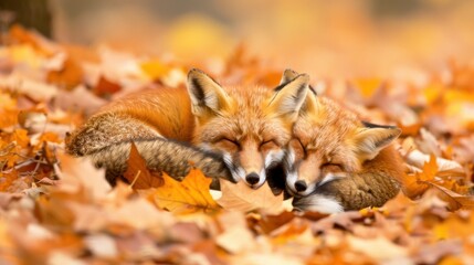 Fototapeta premium Close-up of two foxes peacefully sleeping among autumn leaves, showcasing a serene and natural wildlife scene.