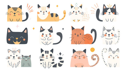 Set of Cat Elements for Graphic and Web Design - Minimal Style with Fresh Colors on Transparent Background