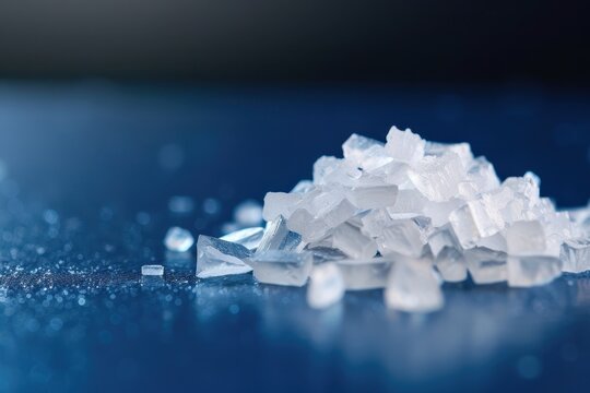 Close-up of pure crystal methamphetamine on a dark surface, highlighting the crystalline structure and illicit drug use.