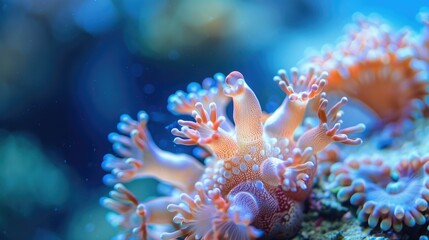 Naklejka premium Coral polyps seen in close-up, under clear blue water, highlighting their stunning natural patterns
