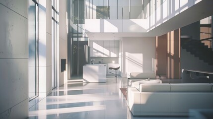 Obraz premium Spacious Minimalist Residence with Clean Lines and Maximized Natural Light in White, Gray, and Beige Tones - Serene and Elegant Home Design