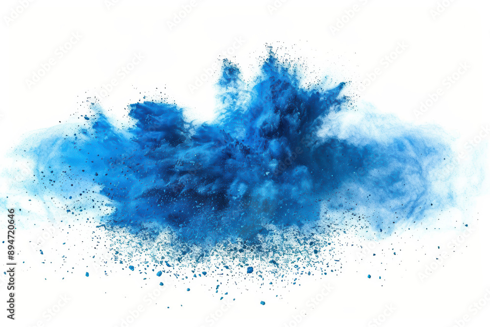 Wall mural Dynamic explosion of blue powder against white background capturing vibrant motion, ideal for creative projects and dynamic visual presentations.
