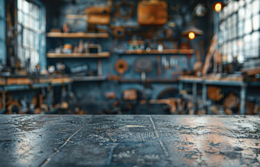 Vintage workshop with tools and equipment, featuring a rustic workbench. The shop exudes a nostalgic and industrious atmosphere.