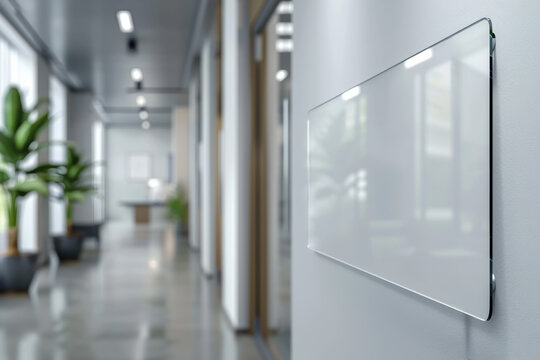 Sleek and modern office hallway with a blank wall-mounted whiteboard, illuminated by soft lighting and adorned with greenery for a refreshing workspace ambiance.