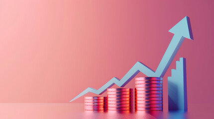 "Blue up arrow and coin stacks on pastel background. Concept of financial success and growth. Copy space. 3D rendering."