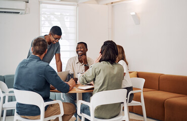 Startup, meeting and business people in office for teamwork, planning and brainstorming ideas for project. Creative agency, coworking and men and women for research, discussion and communication