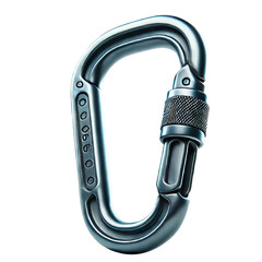 Shiny steel carabiner with a secure locking mechanism for climbing and outdoor activities, showcasing its durable design.