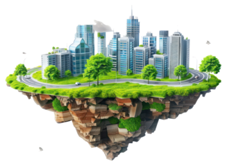 PNG  Floating city with modern skyscrapers