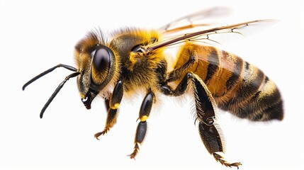 High-Resolution Macro Shot of a Honeybee on White Background Showing Its Detailed Features. Generative AI