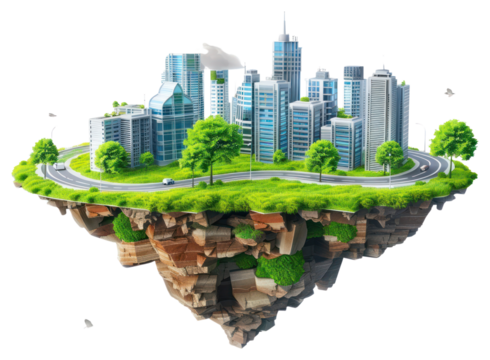 PNG  Floating city with modern skyscrapers