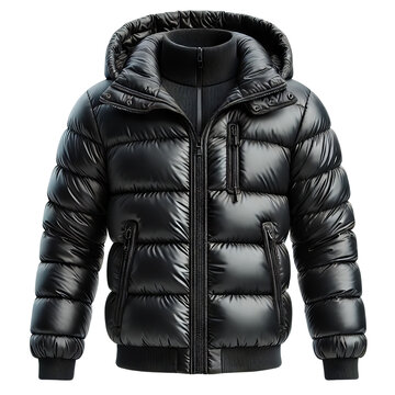 recommend clip art: Stylish black puffer jacket with a cozy hood, perfect for cold weather and outdoor activities.
