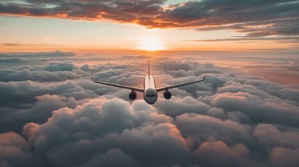 Airplane Flying Above the Clouds at Sunset