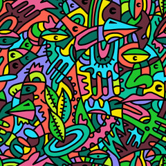 Abstract mosaic pattern painted in bright colors from geometric shapes drawn by hand.Seamless background.