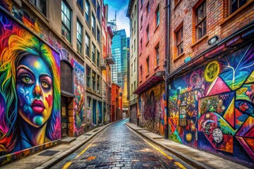 Fototapeta premium Vibrant street art and graffiti animate a gritty urban alleyway, capturing the dynamic essence of city life through bold colors and rebellious creative expression.