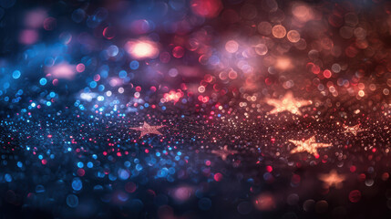 Obraz premium Magical bokeh light background with sparkling stars in red and blue hues, creating a dreamy and festive atmosphere perfect for various celebratory themes.