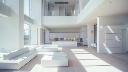 Fototapeta premium Spacious Minimalist Residence with Clean Lines and Maximized Natural Light in White, Gray, and Beige Tones - Serene and Elegant Home Design