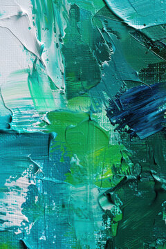 Abstract green and blue textured paint strokes on canvas, showcasing depth, movement, and vibrant color blends in a contemporary modern art piece.
