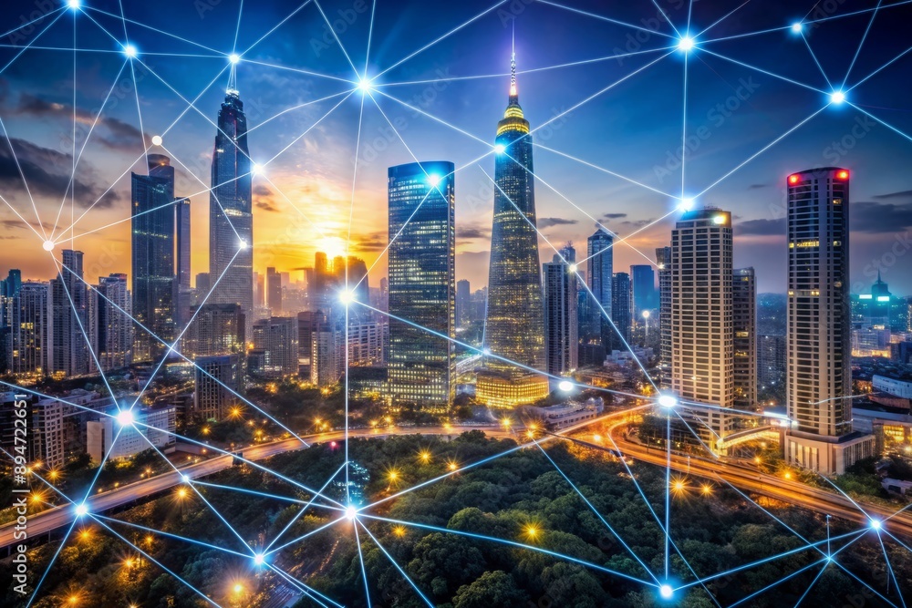 Poster futuristic cityscape with abstract dots and complex lines forming a network of connections, symboliz