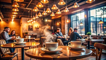 Cozy cafe atmosphere with empty tables and chairs, warm lighting, and steam rising from cups, inviting conversation and camaraderie among friends and colleagues.