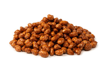 Tasty sweet roasted peanuts isolated on a white background.